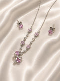 Conjunto Prateado de colar e brincos Rosa